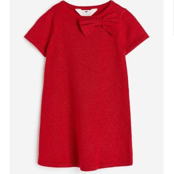 NWT H&M Glittery Shimmery Red Fine Knit Bow Holiday Christmas Valentine's Dress - Picture 1 of 2